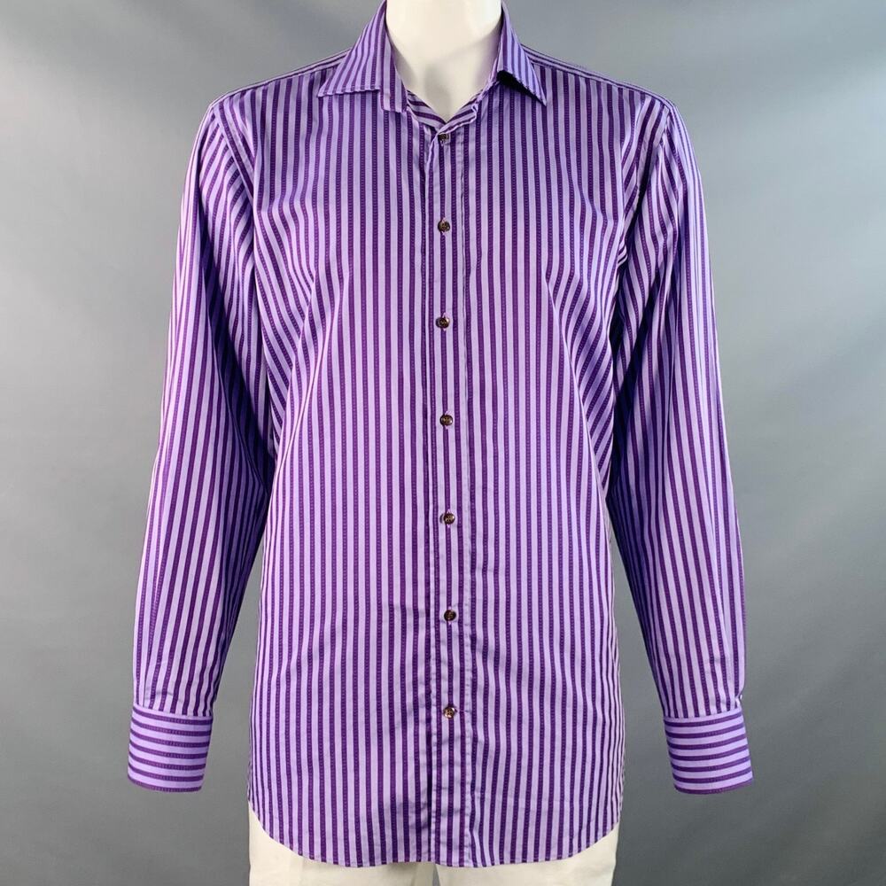 ETRO Size 44 Purple Lilac Stripe Cotton Spread Collar Long Sleeve Shirt